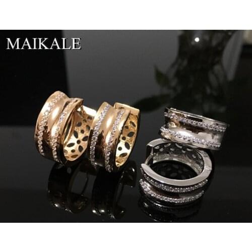 MAIKALE New Luxury Round Cubic Zirconia Hollow 585 Rose Gold Silver Plated Hoop Earrings for Women Daily Fine Fashion Jewelry