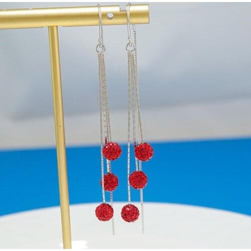 925 Sterling Silver New Fashion Elegance Temperament Long Tassel Drop Earrings Red Diamond Ball For Women Fine Jewelry Gift