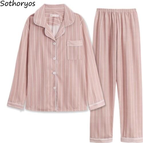 Pajama Sets Women Striped V-neck Long Sleeve Pocket Womens Plus Size 2XL Soft Korean Style Home Clothing Elegant Leisure Simple