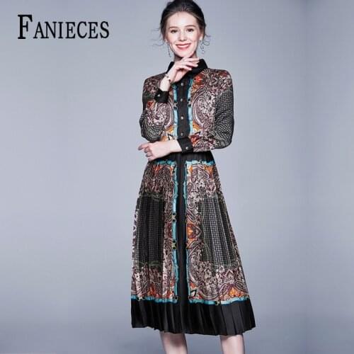 2021 long sleeve bow Runway Dress Womens high-Quality Collar Baroque Print Casual brown midi Dresses Party Vestido ropa mujer
