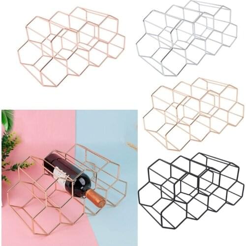 13MC Modern Metal Honeycomb Wine Rack Wine Bottle Storage Beehive Tabletop Wine Rack Hexagon 9 Bottle Wine Holder Display