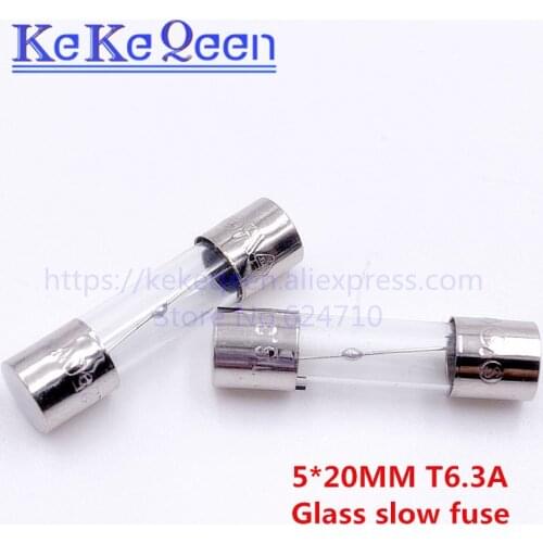 20pcs/lot 5*20mm 6.3A 250V 5*20mm Slow Fuse 5*20 T6.3A 6300mA 250V Glass Fuse 5mm*20mm
