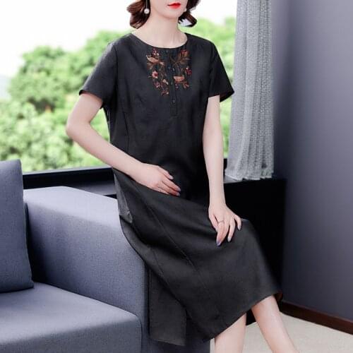 2021 Loose Black Embroidery Mulberry Silk Dresses Elegant Women Bodycon Vestidos Summer Casual Vintage 4XL Plus Size Midi Dress