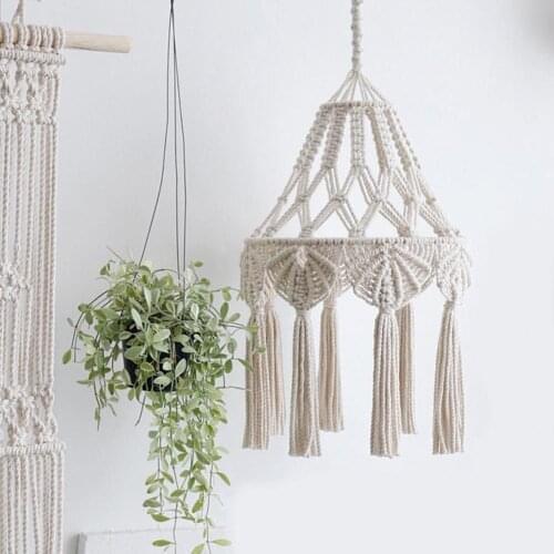 Boho Home Decor Macrame Cotton Yarn Hand-woven Hanging Lamp Shade Chandelier Cover Room Circular Hanging Pendant Tapestry