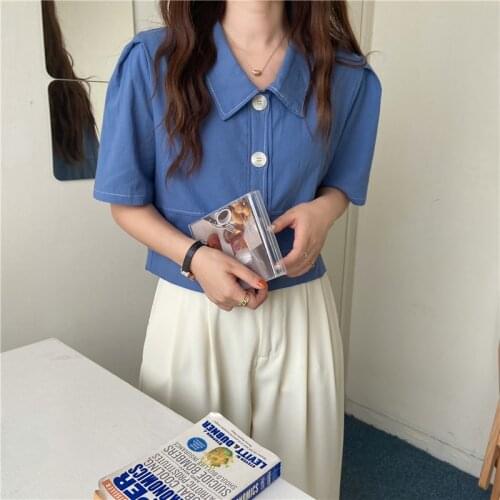 HziriP New Summer All-Match Loose Solid Color Ladies 2021 Chic Fashion Korean Casual Single-Breasted Short-Sleeved Women Shirt