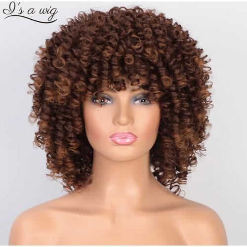 Is a wig Afro Kinky Curly Wig Synthetic Short Wigs with Bangs Mixed Black Brown Wigs for Black Women High Temperature Hair