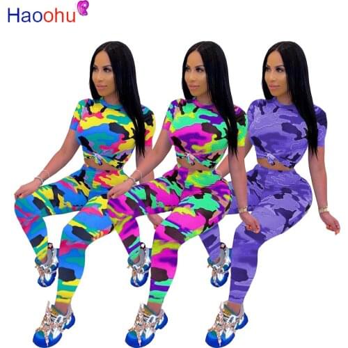 HAOOHU Activewear Camouflage Sweatsuit Womens Set T-shirt and Legging Pants Suit Sport Tracksuit Two Piece Set Fitness Outfit