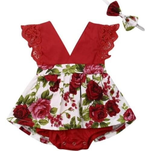 2PCS Newborn Toddler Baby Girl Ruffle Floral Romper Jumpsuit Dress Lace Outfit Headband Summer Set Clothes 0-24M