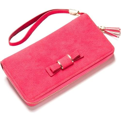Fashion New Womens Long Zipper Purse Hand Rope Bow-Knot Design Mobile Phone Bit Coin Purses Multi ID Credit Card Holder Wallets