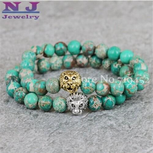 2015 Hot Sale Fashion Jewelry Wholesale 8mm Green Sea Sediment Stone Beads Antique Silver and Gold Lion Bracelets Men Gift