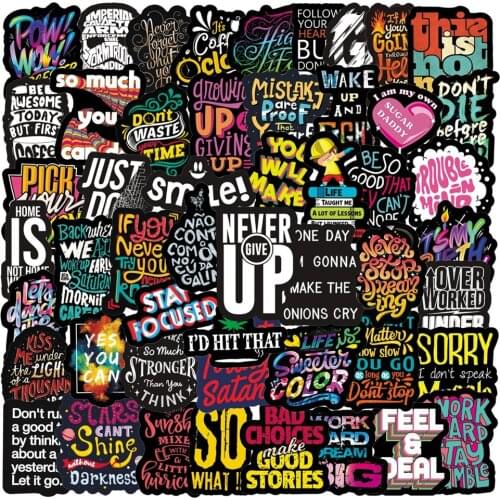 10/30/50PCS Text Series Black Background Inspirational Phrase Graffiti Sticker Guitar Water Cup Waterproof Sticker Wholesale
