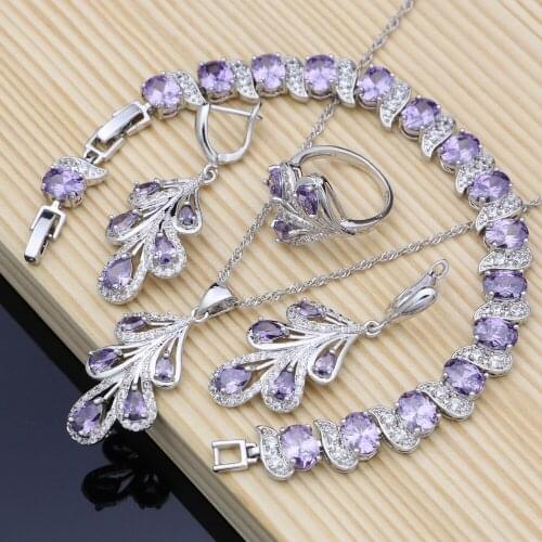 Natural 925 Silver Bridal Jewelry Sets Purple CZ Costume Jewelry Kits For Women Earrings/Pendant/Rings/Bracelet/Necklace Set