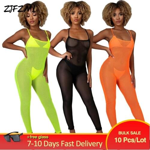 Bulk Items Wholesale Lots Neon Color Rompers Womens Jumpsuit Spaghetti Strap Summer Female Mesh Perspective One Piece Overalls