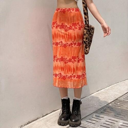 Orange Tie-dye Floral Print Midi Skirt Stretchy Mesh Pacifit Skirt Alt Women e-girl Y2K Outfit