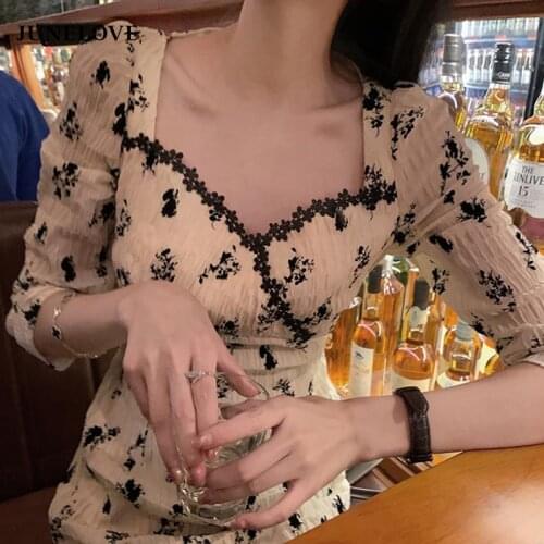 JuneLove Print Floral Dress Women Casual Vintage V-Neck Three Quarter French Slim Party Midi Dress Elegant Korean Fashion Dress