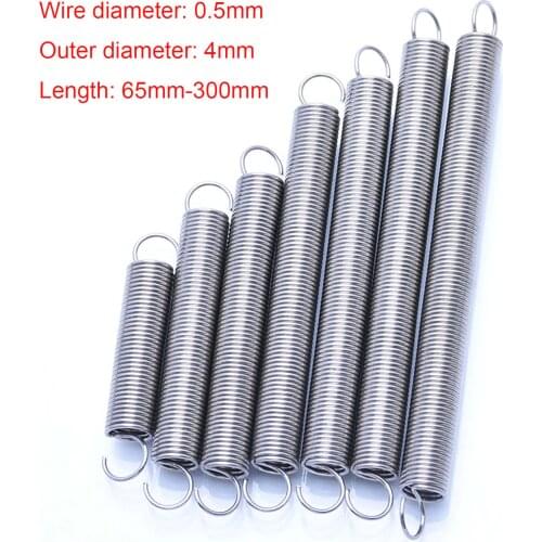 Wire Dia 0.5mm x Outer Dia 4mm 304 Stainless Steel Tension Extension Spring Pullback Spring With Open Hook, Length 65-300mm