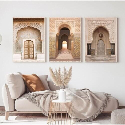 Vintage Building Islamic Wall Art Canvas Prints Morocco Door Poster Arch Gate Muslim Wall Painting Pictures Living Room Decor