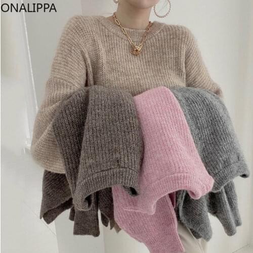 ONALIPPA Women Sweet Candy Color Sweater 2021 Autumn Winter Korean Gentle Temperament Casual Loose Slit Design Knitted Pullover