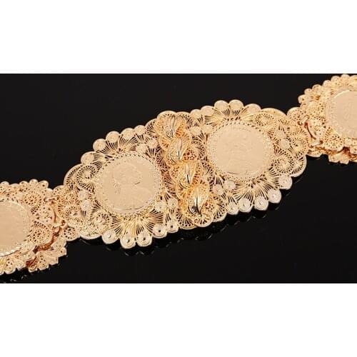 Algerian Traditional Metal Coin Belts Hollow Flower Design Caftan Belts Arabic Women Body Chain Luxury Bridal Dress Belts Gold