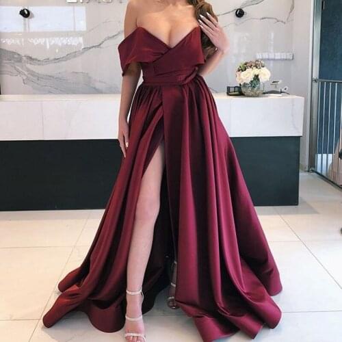 Burgundy Evening Dresses Custom Made robe longo soiree A Line Evening Dress Full Sleeves Long Evening Gown Sexy Slit 2019