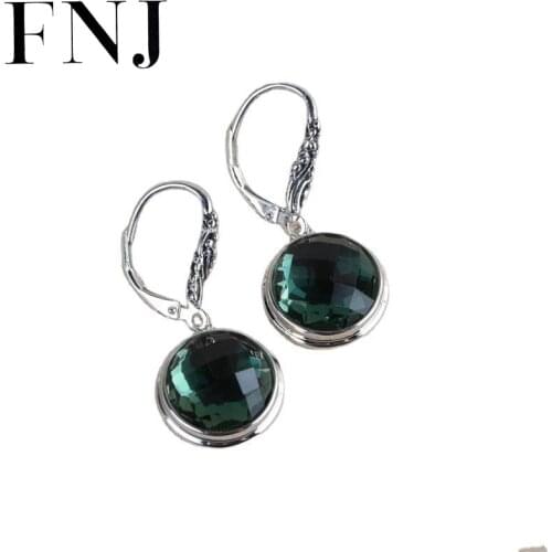 FNJ Green Zircon Earrings 925 Silver Original Pure S925 Sterling Silver Drop Earring for Women Jewelry