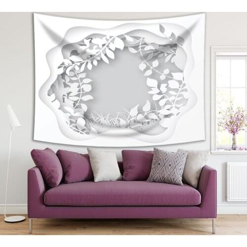 Tapestry Forest Grass with Tree Branches Leaves with Nature Paper Cutting Art Origami Printed White Gray
