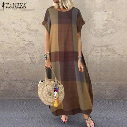 ZANZEA 2021 Kaftan Summer Check Maxi Dress Womens Baggy Sundress Casual Short Sleeve Vestidos Female Plaid Robe Oversized 5XL