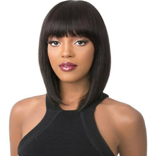 Short Straight Bob Wig with Bangs Virgin Brazilian Remy Human Hair Wig Bob Full Machine Wig with Fringe Natural Black for Women