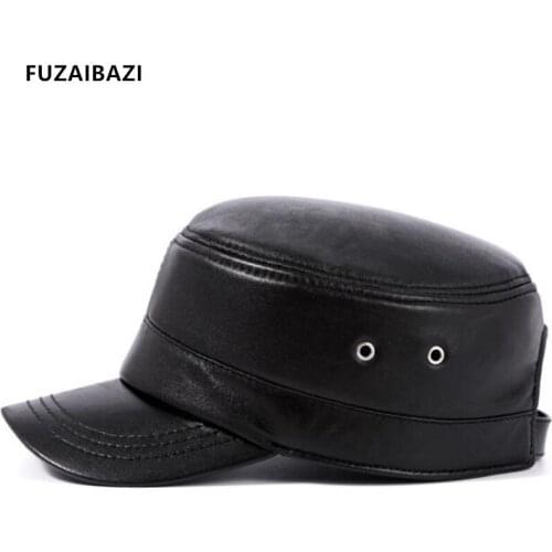 FUZAIBAZI Fashion Trend Mens Genuine Leather Military Cap New Autumn Winter Adjustable Size Womens Sheepskin Flat Caps