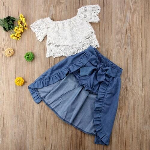2020 Summer Toddler kids Baby Girl Lace Flower Off Shoulder Tops T-Shirt Shorts Skirt Lovely Fashion Outfits Clothes