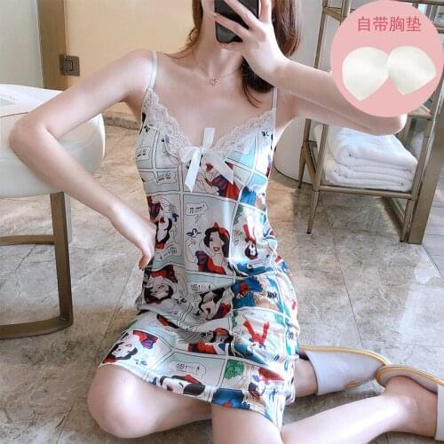Disney Summer Minnie robes silk section with chest pad girl lace V-neck sleepwear princess nightgowns casual strap nightdress