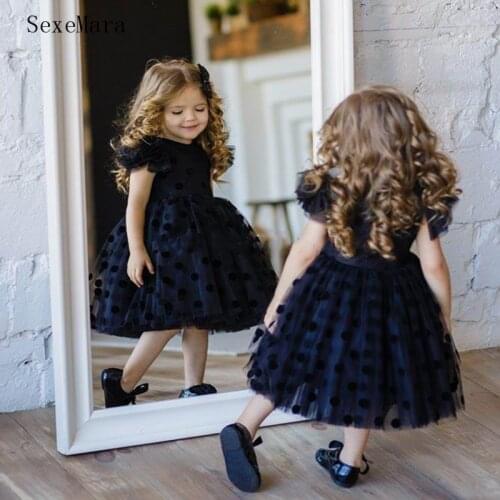 Lovely Baby Girl Birthday Dress Knee Length Navy Blue Tulle Princess Wedding Party Gown Kids Clothes Photoshoot