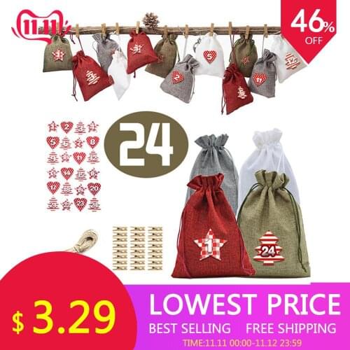 Christmas Advent Calendar Bags Set 24 Days Burlap Advent Calendar Gift Drawstring Bags DIY Christmas Embellishments with Clips