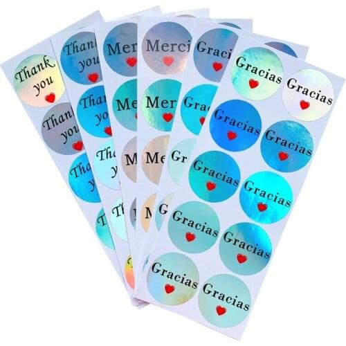 1000pcs Wholesale Gracias Merci Thank you sealing sticker laser Glossy Round waterproof Rainbow Handmade Envelope Sticker 35MM