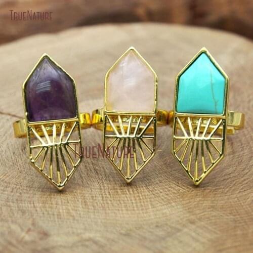 New Design Hexagon Shape Synthetic Turquoises Rose Quartzs Amethysts Stone Gold Electroplated Adjustable Rings RM10114