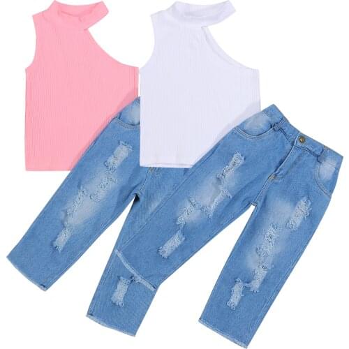 1-6Y Toddler Kids Baby Girls Off Shoulder Tops Denim Pants Hole Jeans Outfits Clothes Summer Fashion Casual Kids Clothes
