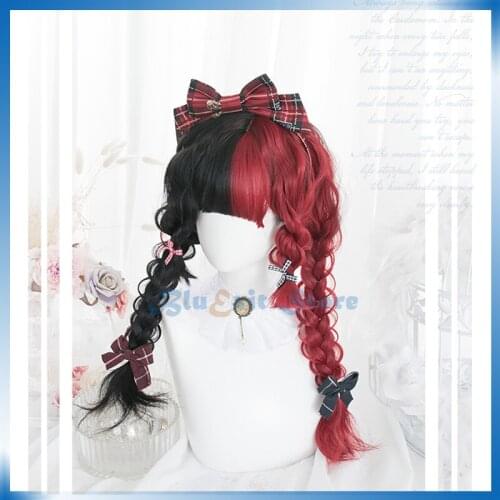 Lolita Red Mixed Black Wig Harajuku Cool Long Curly Sweet Synthetic Hair for Adult Girls Cosplay Students Dailywear