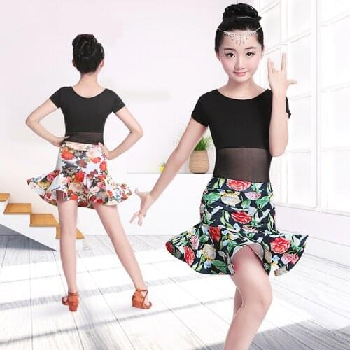 Girls Printing Latin Dance Dress Children Teenager Salsa Rumba Latin Dance Skirt Suit Kids Dance Leotard With Skirt Sets