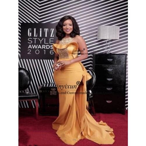 2019 African Gold Mermaid Evening Dresses With Over Skirt Jewel Sweep Train Sequins Beads Formal Prom Party Gowns Prom Dress