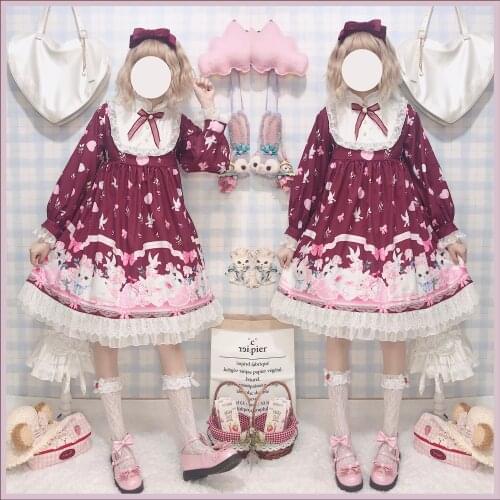 Cute Cat Printing Sweet Womens Lolita OP Dress Fall Winter Long Sleeve Bow Trim Cute Girl One Piece 2 Colors