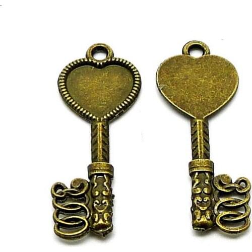 RONGQING 100pcs/lot Antique Bronze Key Charms Heart Cabochon Base 34x12mm Heart Cabochon Settings Key Charms for Jewelry Making