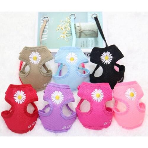 Daisy Embroidery Mesh Breathable Dog Vest Harness And Leash Set Control Dog Harness Fashion Accessories For Small Dogs Chihuahua