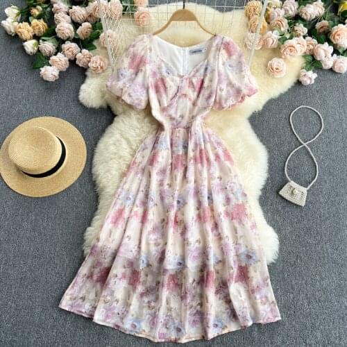Chiffon dress female summer dress 2021 new goddess V-neck slim mid-length floral skirt