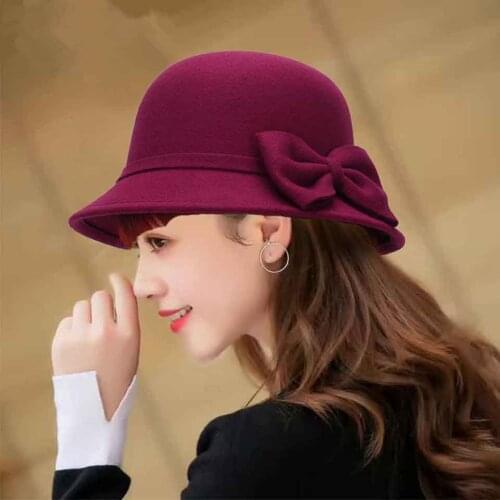 Fashion Spring Autumn Winter Vintage Women Ladies Wool Fedora Hat With Big BOW Bucket Dome Bell Bow Felt Hats Women Cap Hats