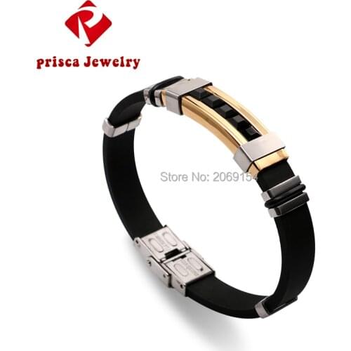 Silicone Wristband Jewelry Men Stainless Steel Charm Bracelet Cuff Bangle Punk Design