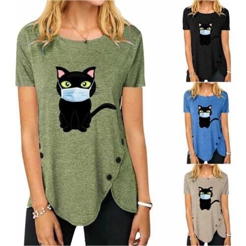 Look thin Women Cat Printed T Shirt Short Sleeve Casual Tunic Top Loose Blouse