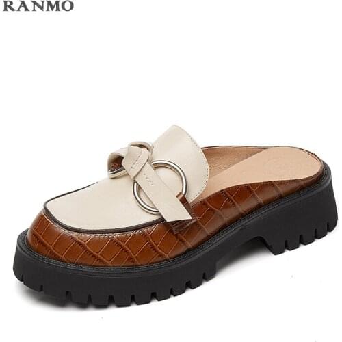 2021 New Retro Genuine Leather Shoes Women Square Heels Round Toe Ladies Casual Shoes Summer Comfortable Mules Slippers Sandles