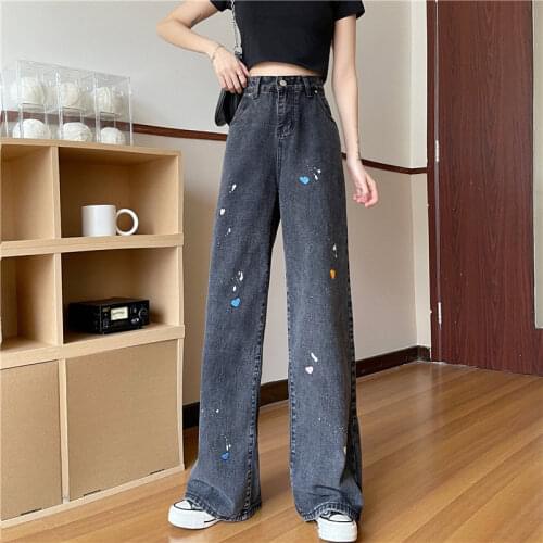 Y2k High Waist Women Straight Trousers Summer Vintage Korean Printed Jeans 90s Love Embroidered Drape Wide Leg Pants Female