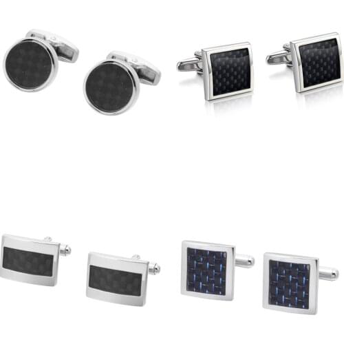 10pairs/lot Business Carbon Fiber Cufflinks Silver Square Round Rectangle Copper Plating Cuff Links Mens Jewelry Accessory