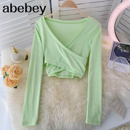 Women Fashion Korean Blouse Long Sleeve V Neck Solid Slim Tops 2021 New Autumn Casual Streetwear Female Short Blouses